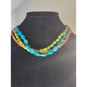 Premier Designs Citrus Triple Strand Blue Green Orange Beaded Toggle Necklace